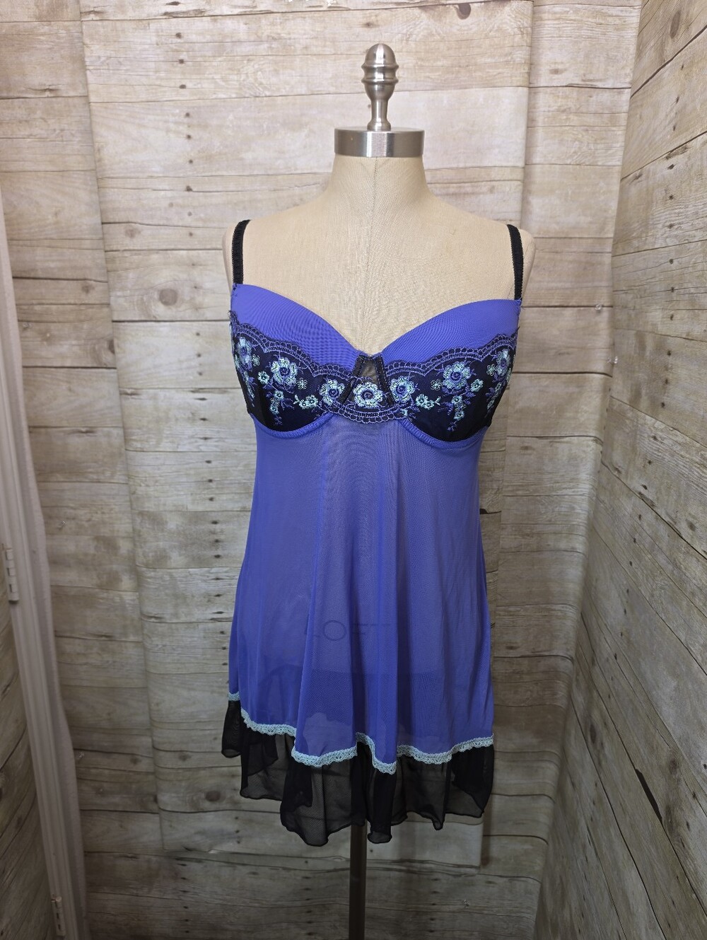 Purple Floral Embroidered Chemise Nightdress - Unbranded